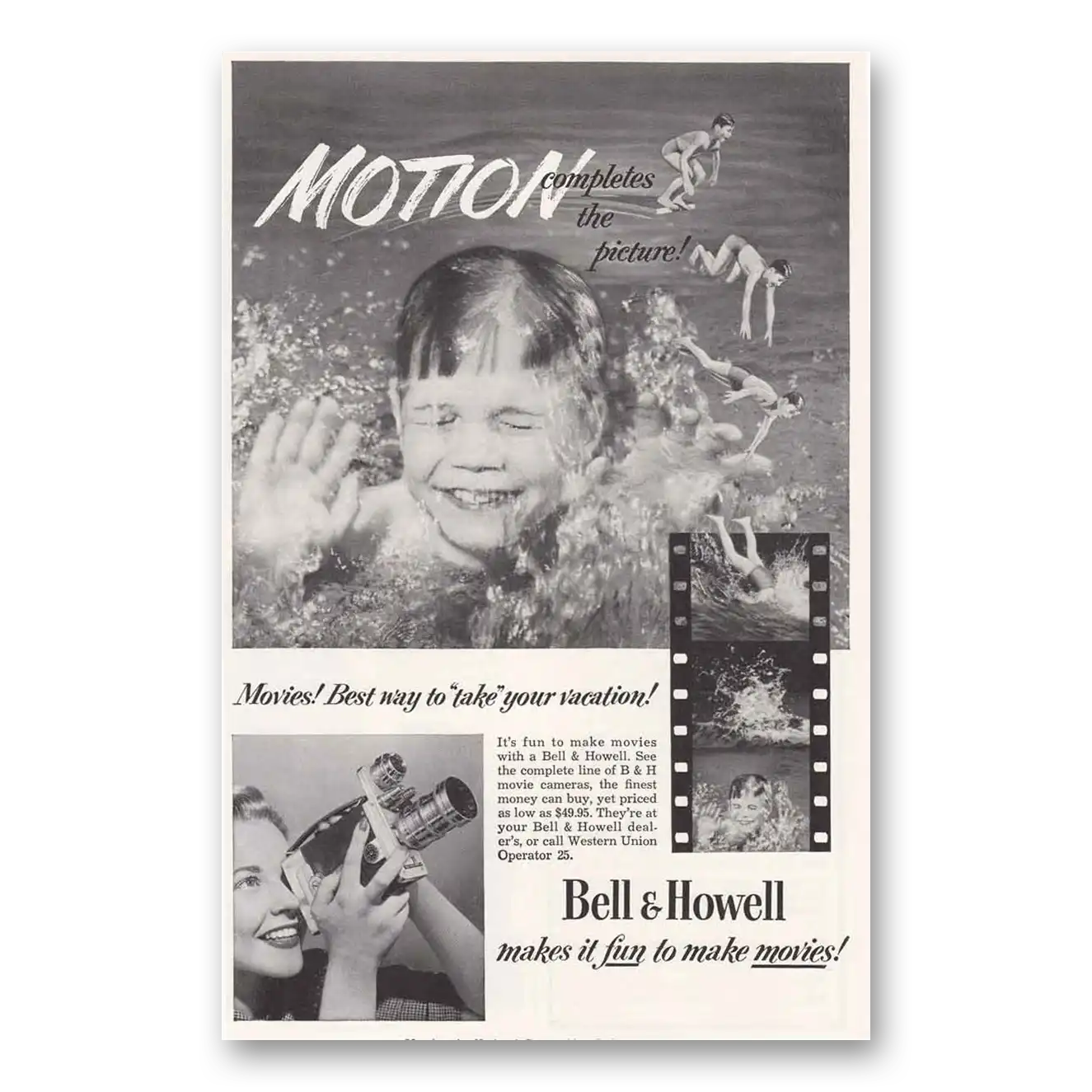 1953 Bell & Howell Movie Camera Movie Camera Motion Completes Vintage Magazine Print Ad