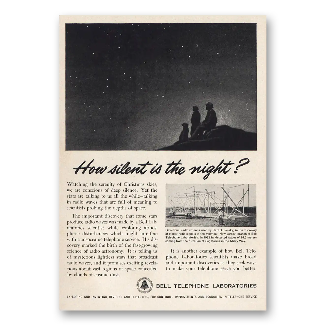 1953 Bell Telephone How Silent Is the Night Vintage Magazine Print Ad