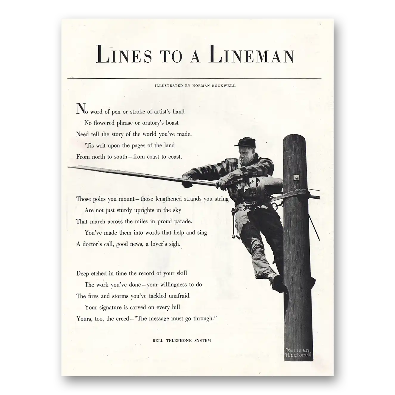 1953 Bell Telephone Lines To Lineman Vintage Magazine Print Ad