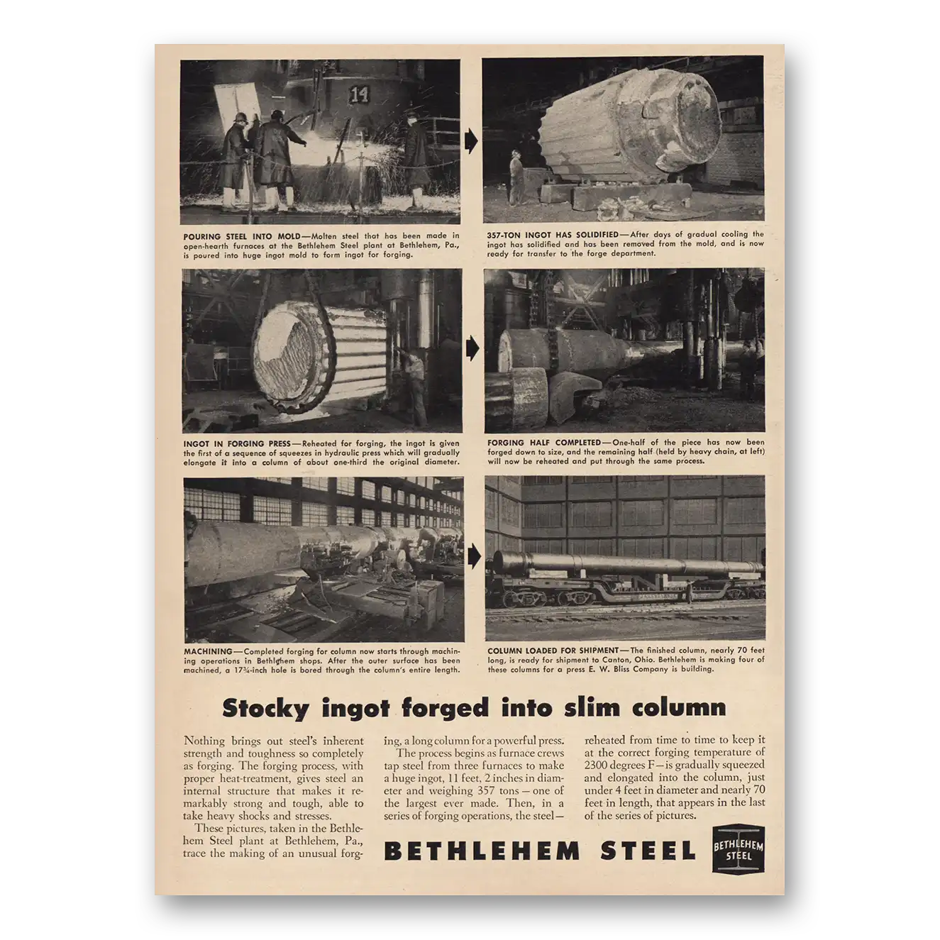 1953 Bethlehem Steel Stocky Ingot Forged Vintage Magazine Print Ad