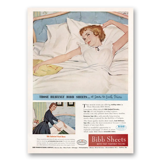 1953 Bibb Sheets Down to Earth Prices Vintage Magazine Print Ad