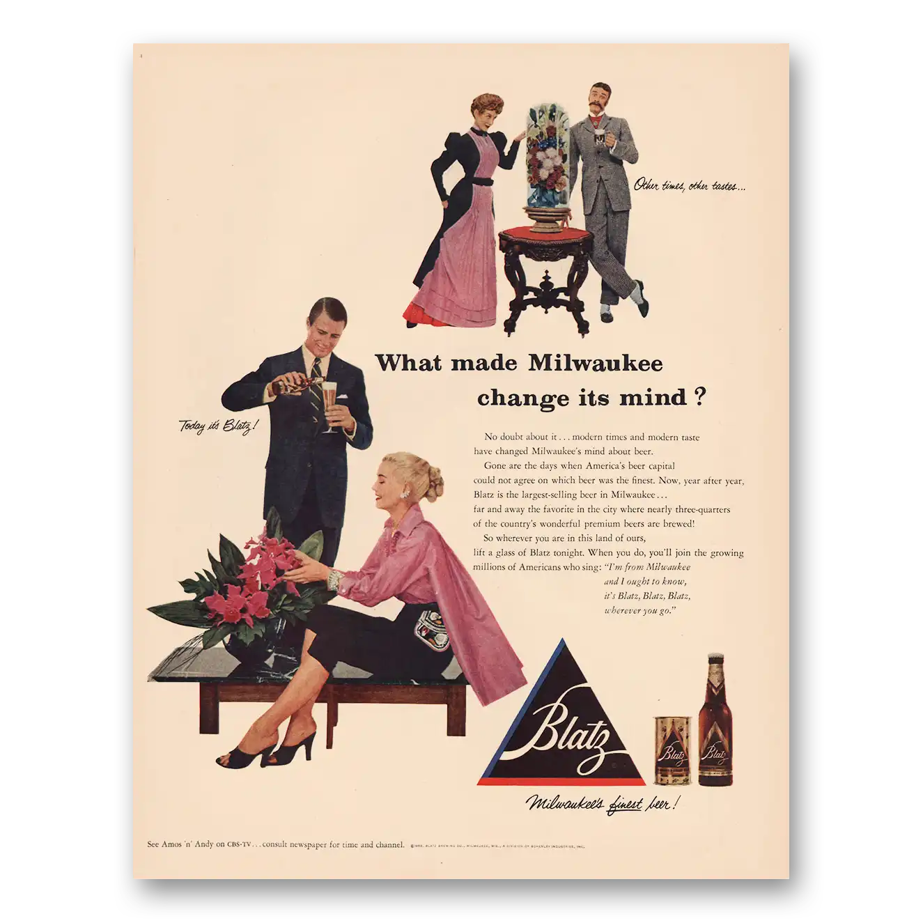 1953 Blatz Beer What Made Milwaukee Change Its Mind Vintage Magazine Print Ad