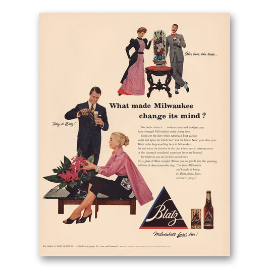 1953 Blatz Beer What Made Milwaukee Change Its Mind Vintage Magazine Print Ad