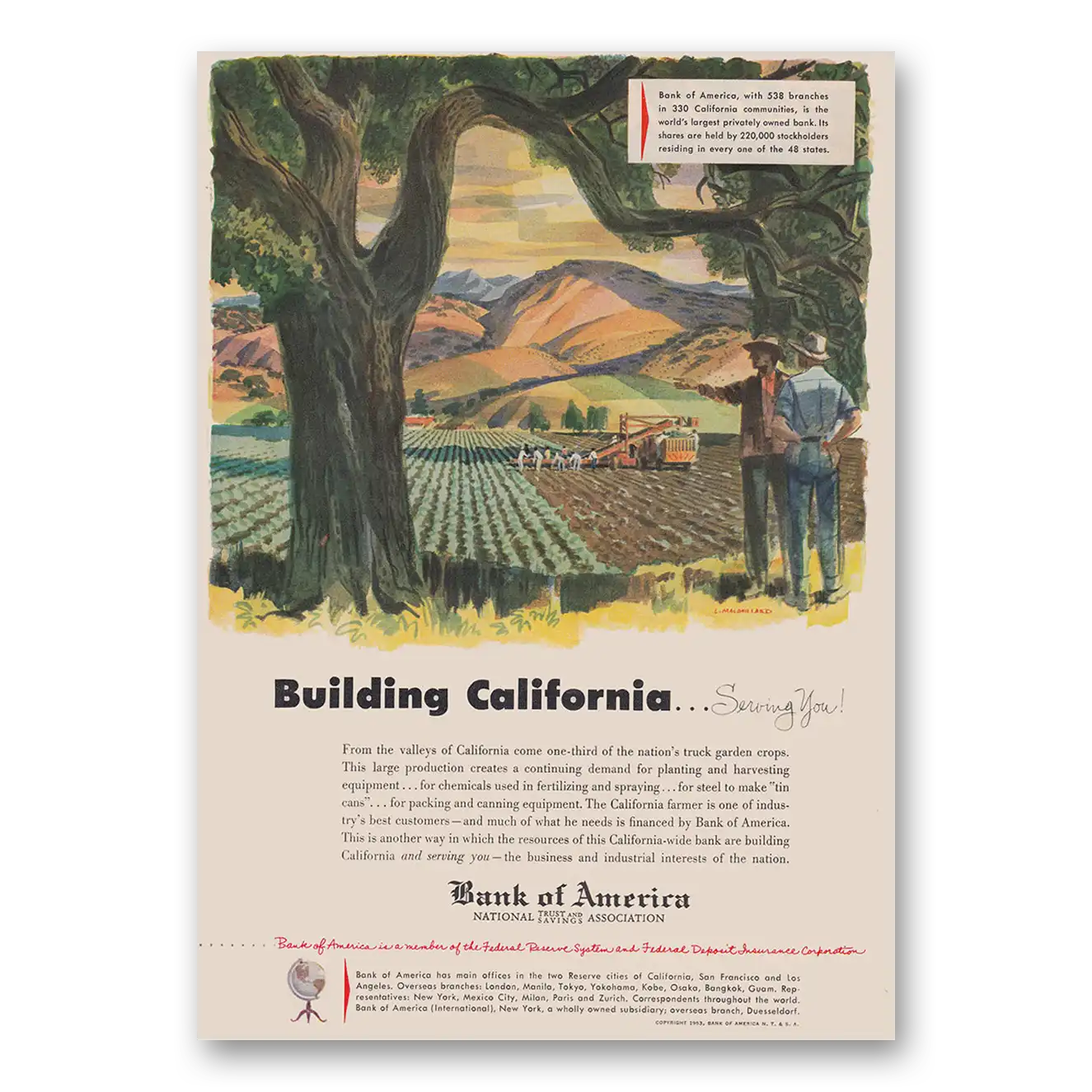 1953 Bank of America Building California Gardens Crop Vintage Magazine Print Ad