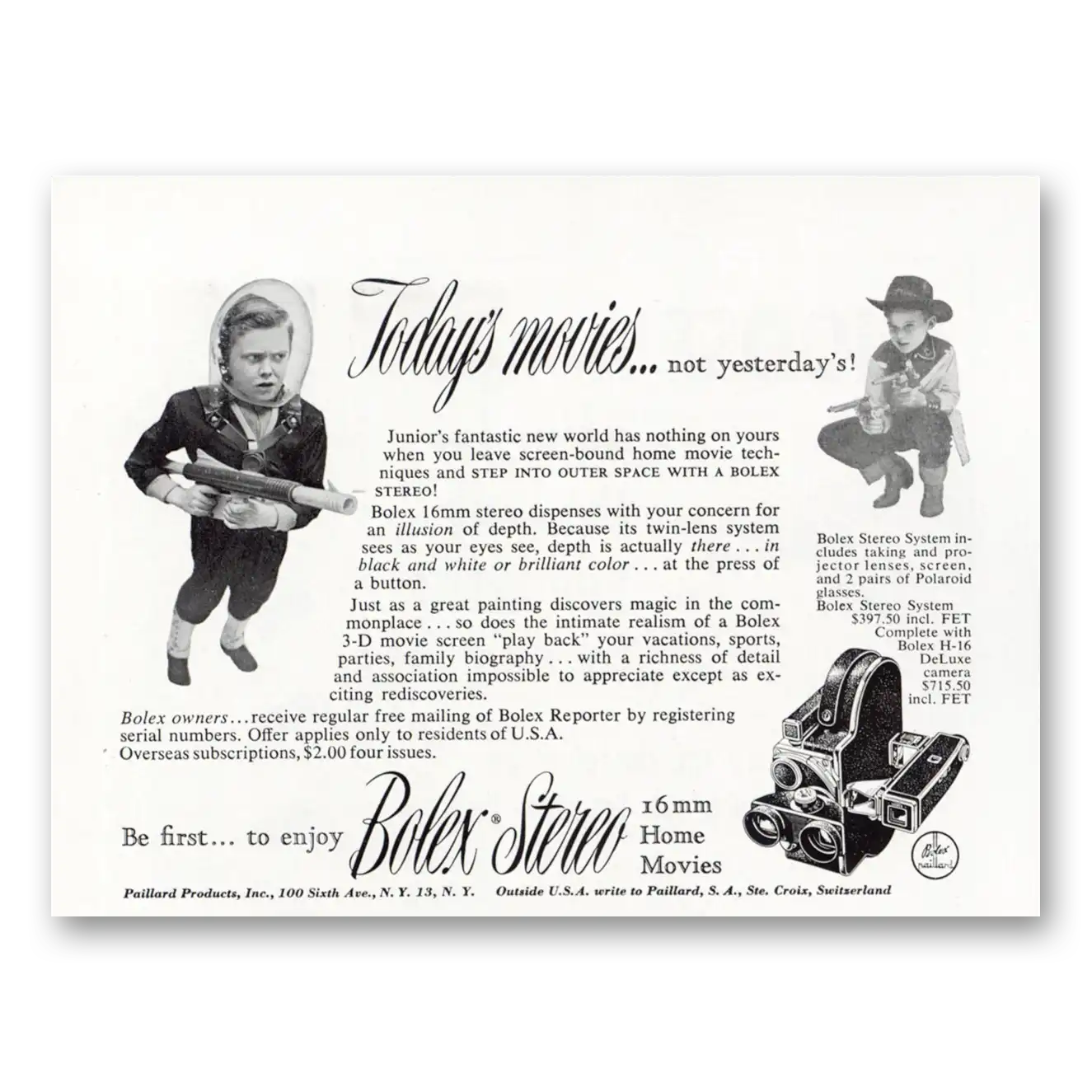 1953 Bolex Movie Camera Home Movies Today's Movies Not Yesterday Vintage Magazine Print Ad