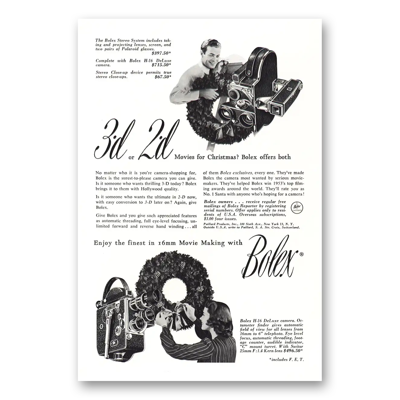 1953 Bolex Movie Camera 3d or 2d Movies for Christmas Vintage Magazine Print Ad