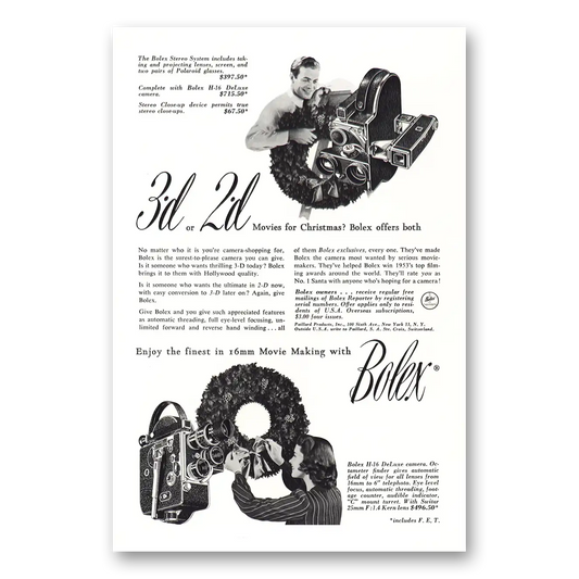 1953 Bolex Movie Camera 3d or 2d Movies for Christmas Vintage Magazine Print Ad