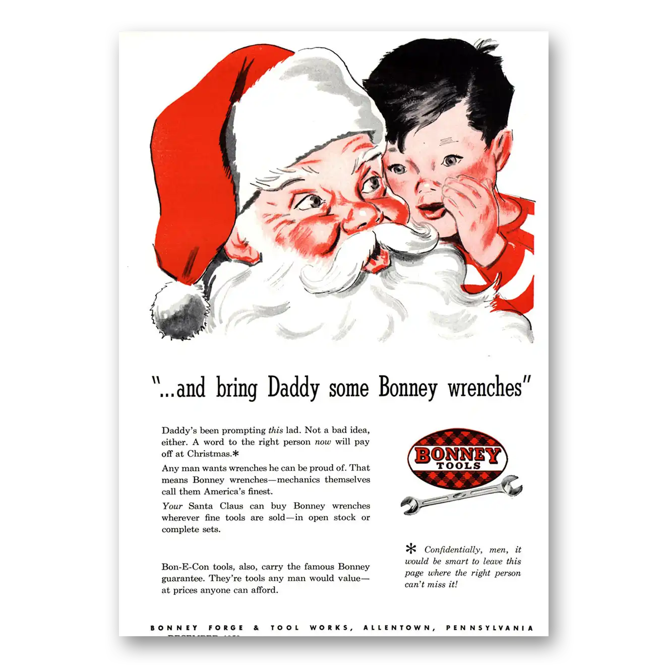 1953 Bonney Tools Bring Daddy Some Bonney Wrenches Santa Claus Vintage Magazine Print Ad