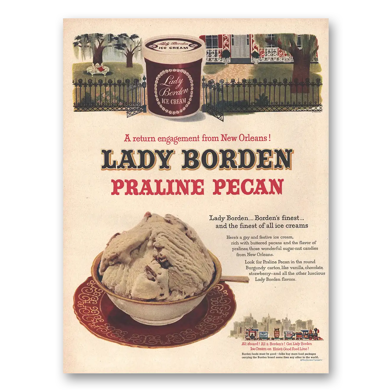 1953 Lady Praline Pecan Ice Cream Return Engagement From New Orleans Vintage Magazine Print Ad