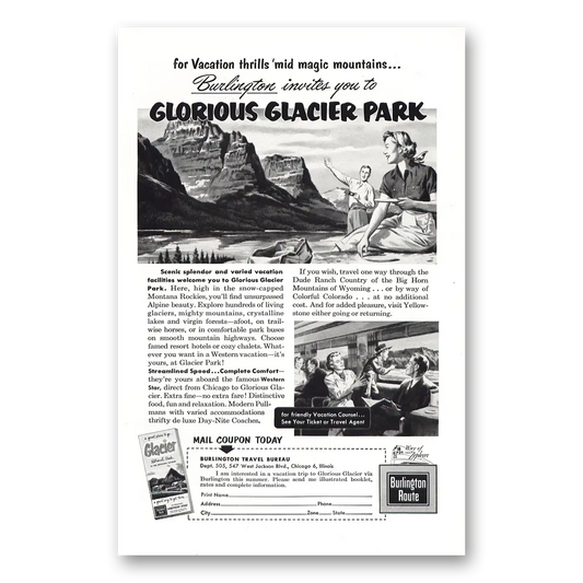 1953 Burlington Route Glorious Glacier Park Vintage Magazine Print Ad