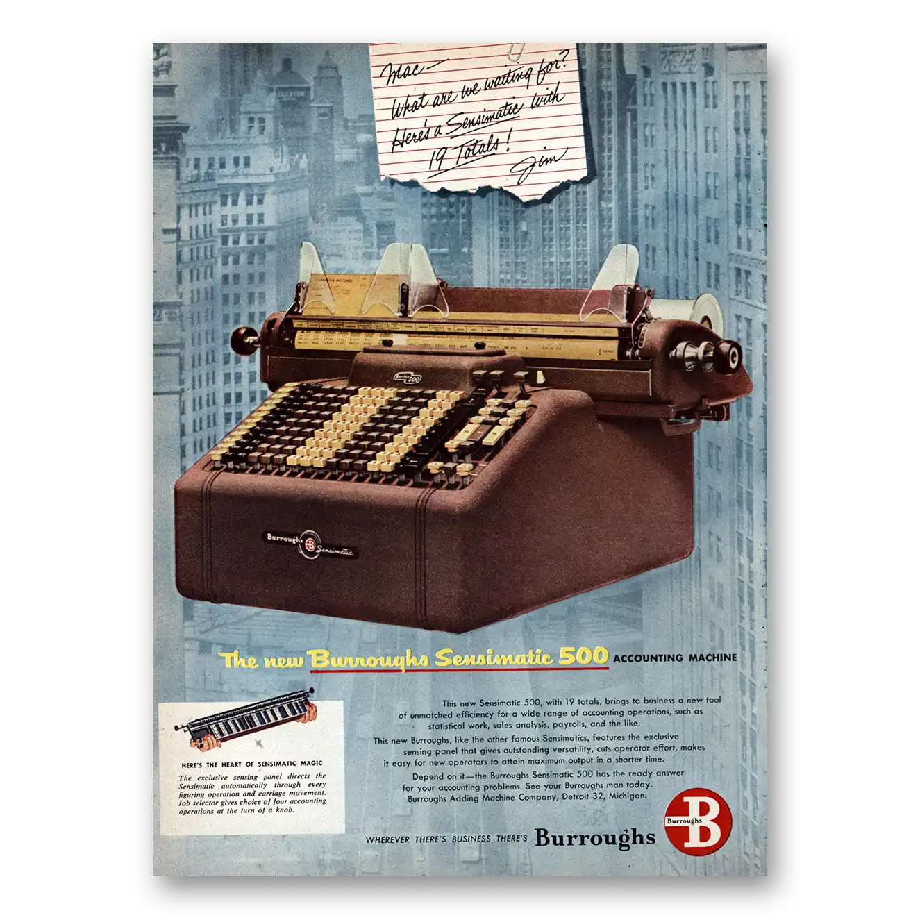 1953 Burroughs Sensimatic What Are You Waiting For Vintage Magazine Print Ad