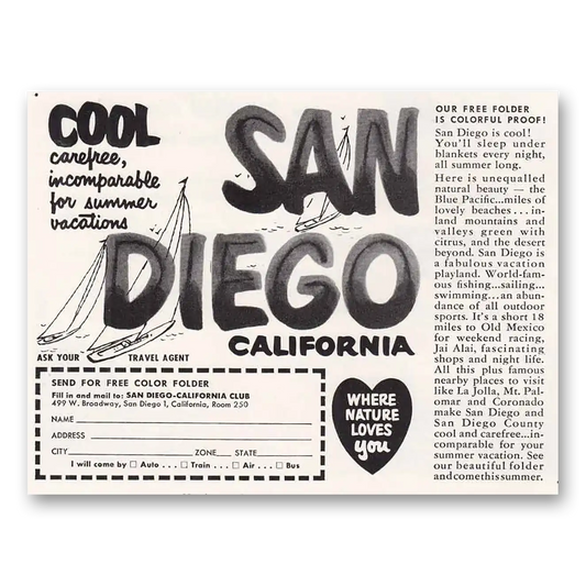 1953 San Diego California Cool Carefree Vintage Magazine Print Ad