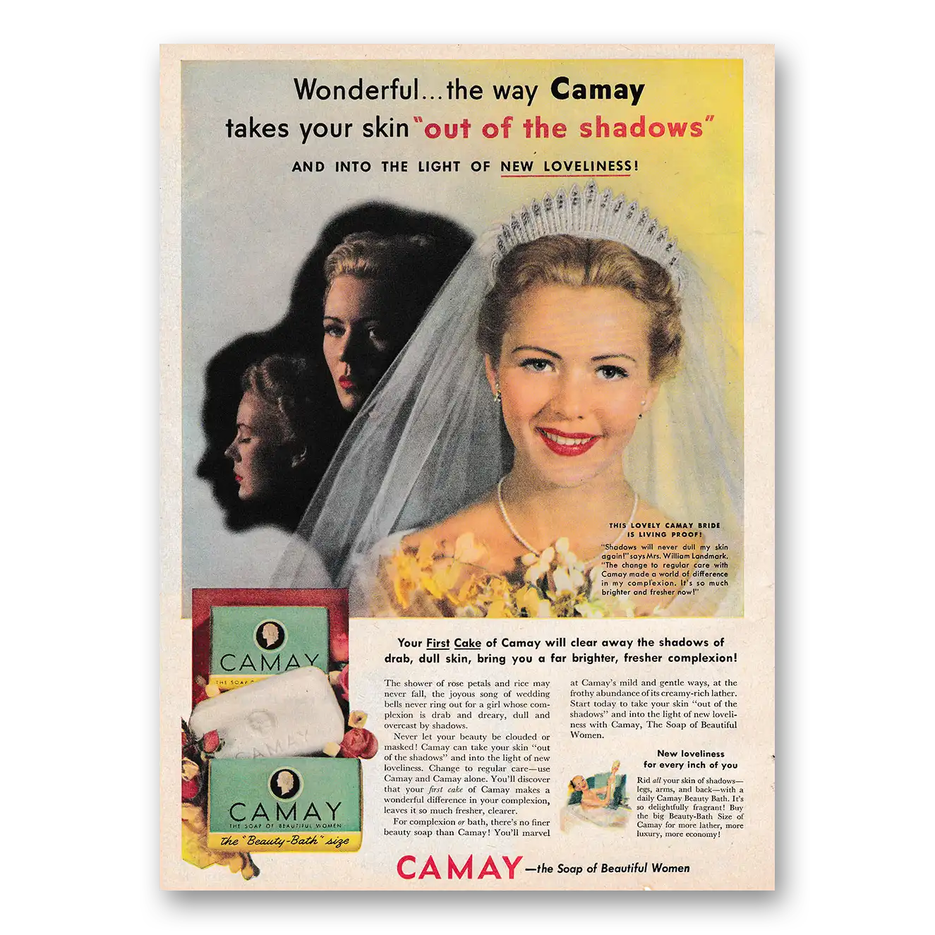 1953 Camay Soap Takes Your Skin Out of the Shadows Bride Vintage Magazine Print Ad