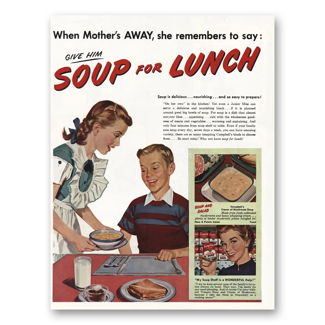 1952 Campbells Soup Give Him Soup for Lunch Vintage Magazine Print Ad