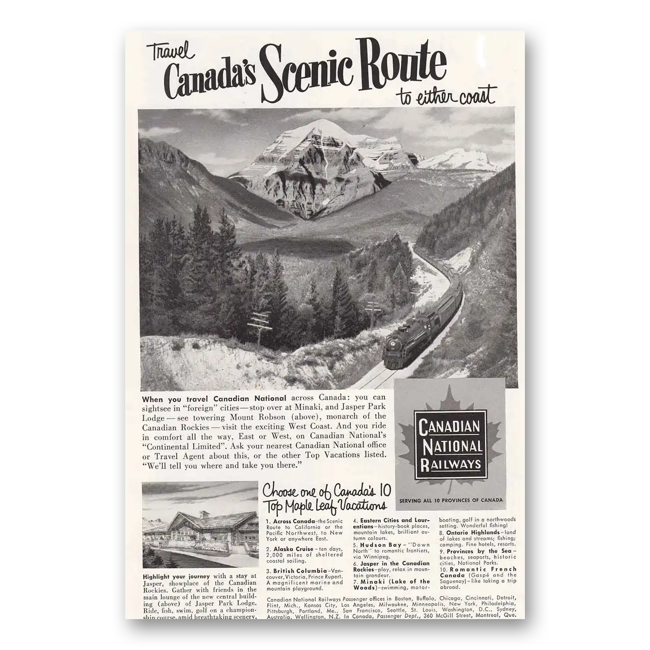 1953 Canadian National Railways Travel Canada's Scenic Route Vintage Magazine Print Ad