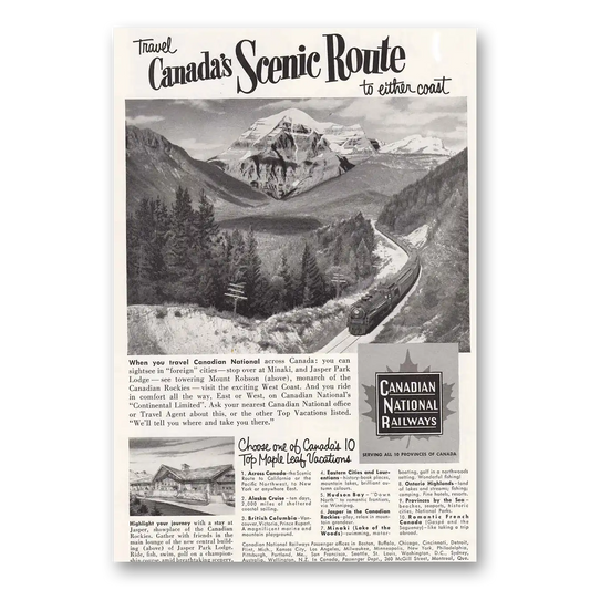 1953 Canadian National Railways Travel Canada's Scenic Route Vintage Magazine Print Ad