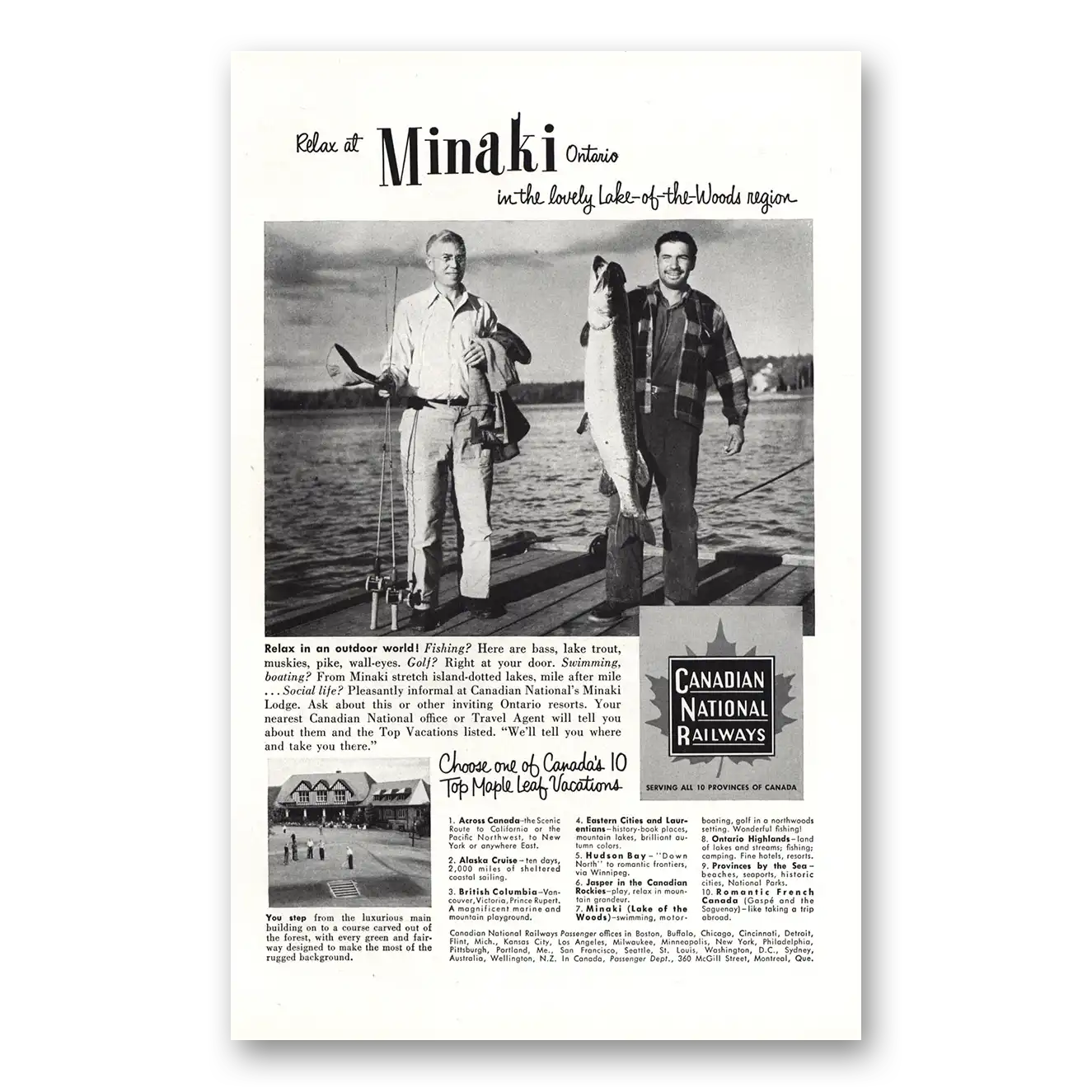 1953 Canadian National Railways Minaki Ontario Fishing Vintage Magazine Print Ad