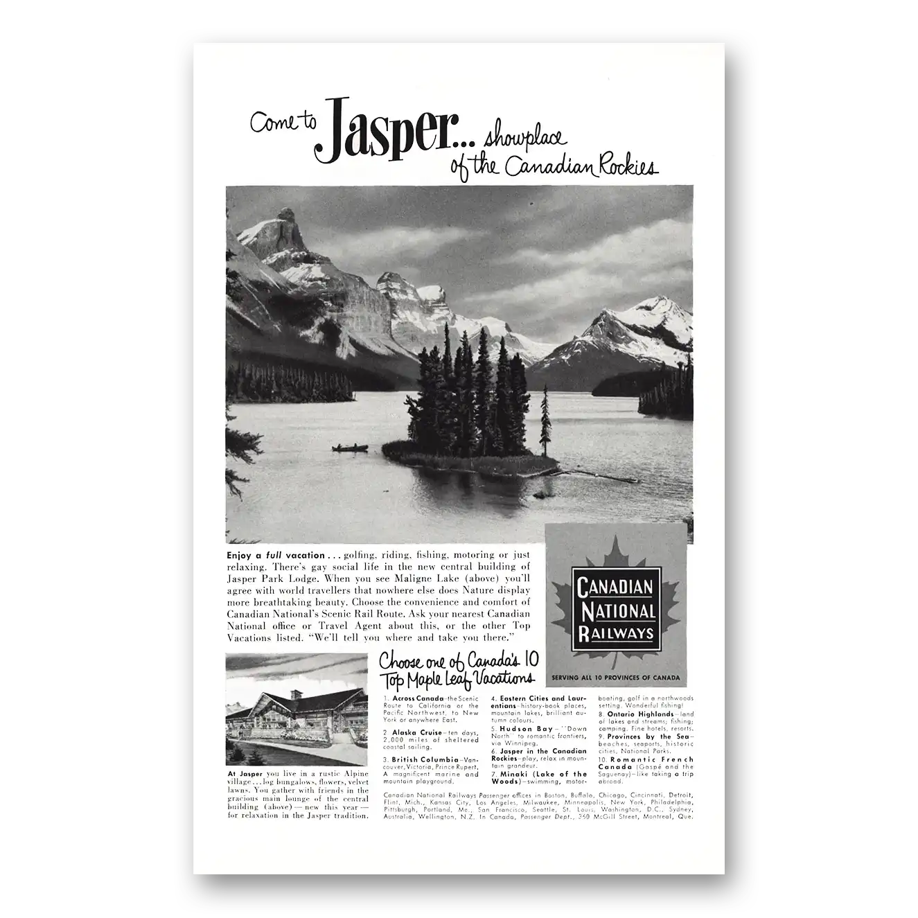 1953 Canadian National Railways Jasper Showplace Canadian Rockies Vintage Magazine Print Ad