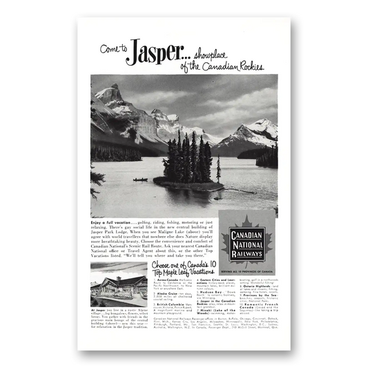 1953 Canadian National Railways Jasper Showplace Canadian Rockies Vintage Magazine Print Ad