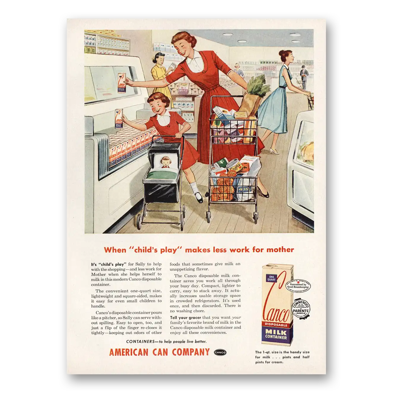 1953 American Can Company Canco Milk Childs Play Makes Less Work for Mother Vintage Magazine Print Ad