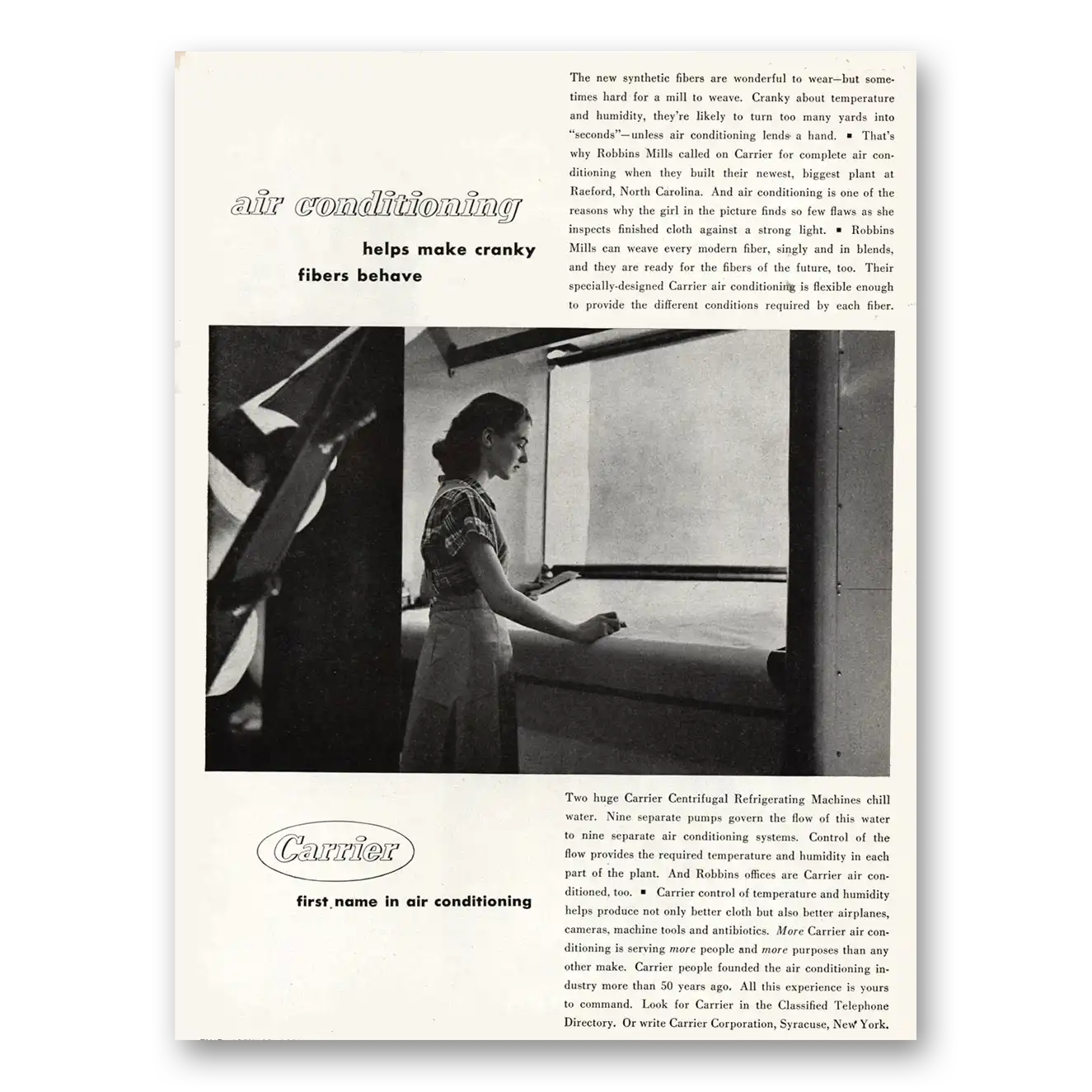 1953 Carrier Air Conditioning Make Cranky Fibers Behave Vintage Magazine Print Ad