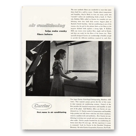 1953 Carrier Air Conditioning Make Cranky Fibers Behave Vintage Magazine Print Ad