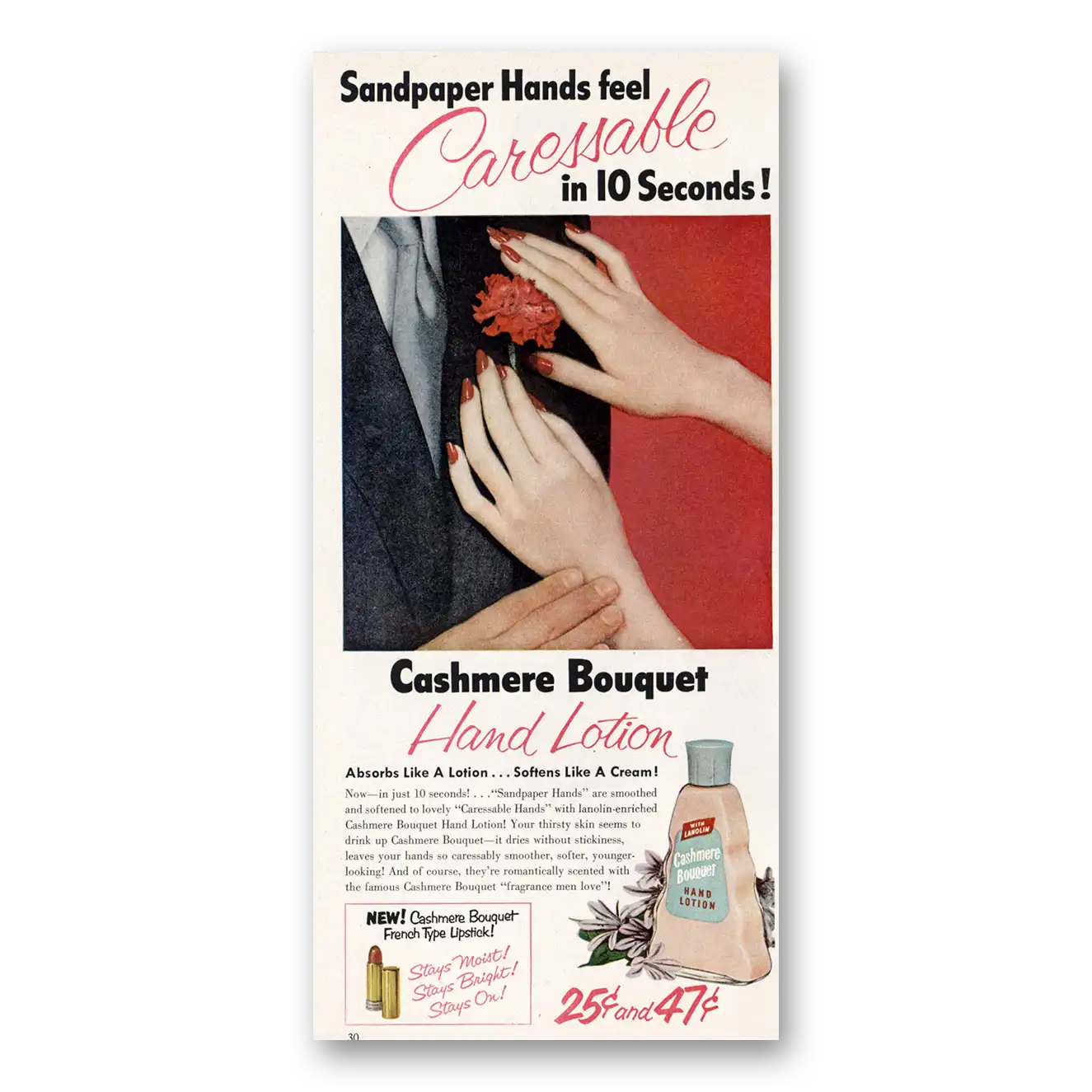 1953 Cashmere Bouquet Hand Lotion Caressable Vintage Magazine Print Ad