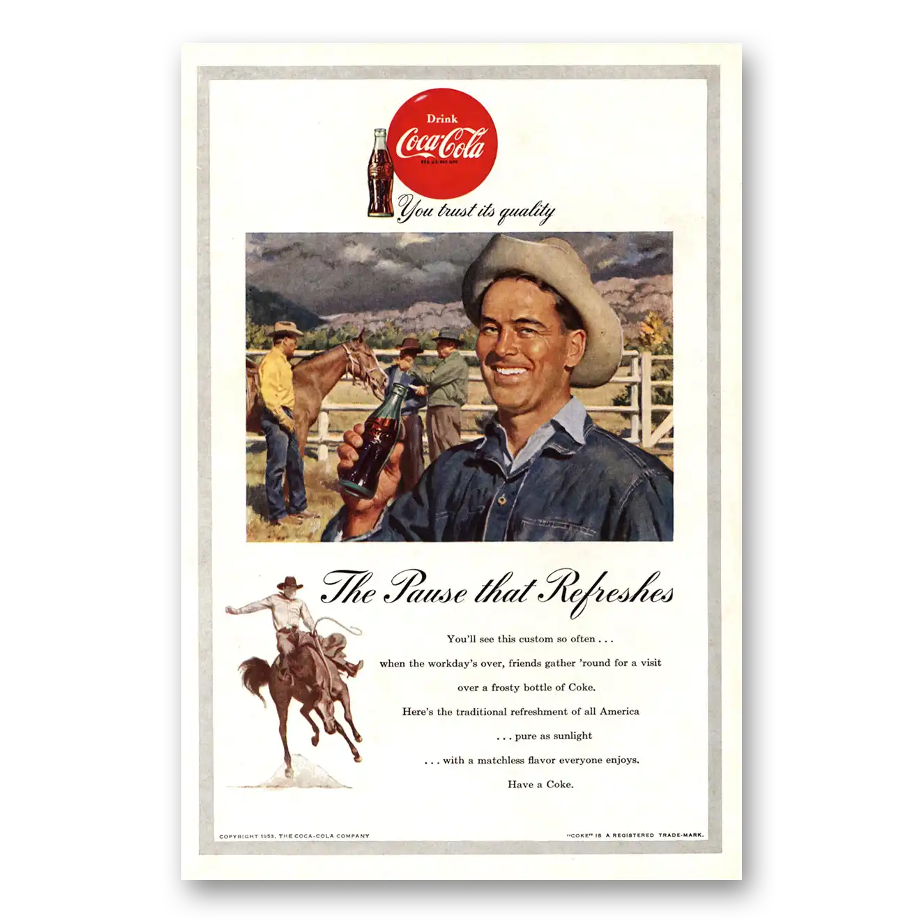 1953 Coca Cola Ranch Pause That Refreshes Vintage Magazine Print Ad