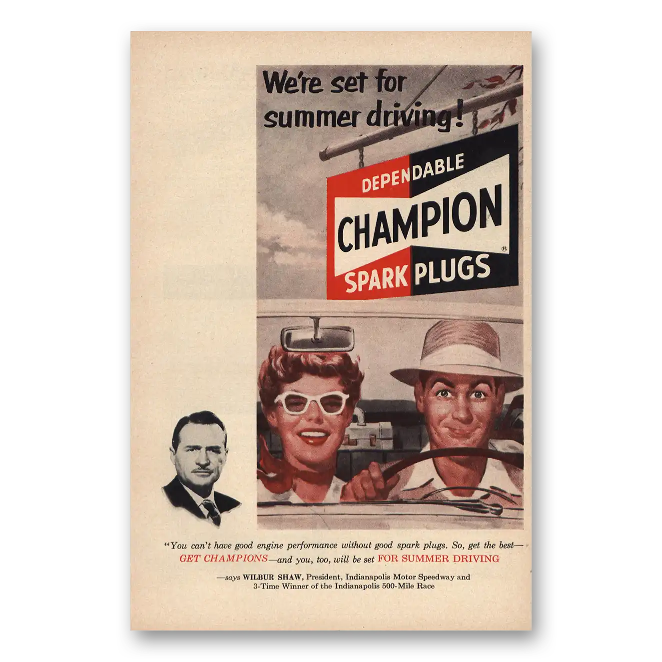 1953 Champion Spark Plugs Set for Summer Driving Vintage Magazine Print Ad