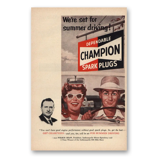 1953 Champion Spark Plugs Set for Summer Driving Vintage Magazine Print Ad