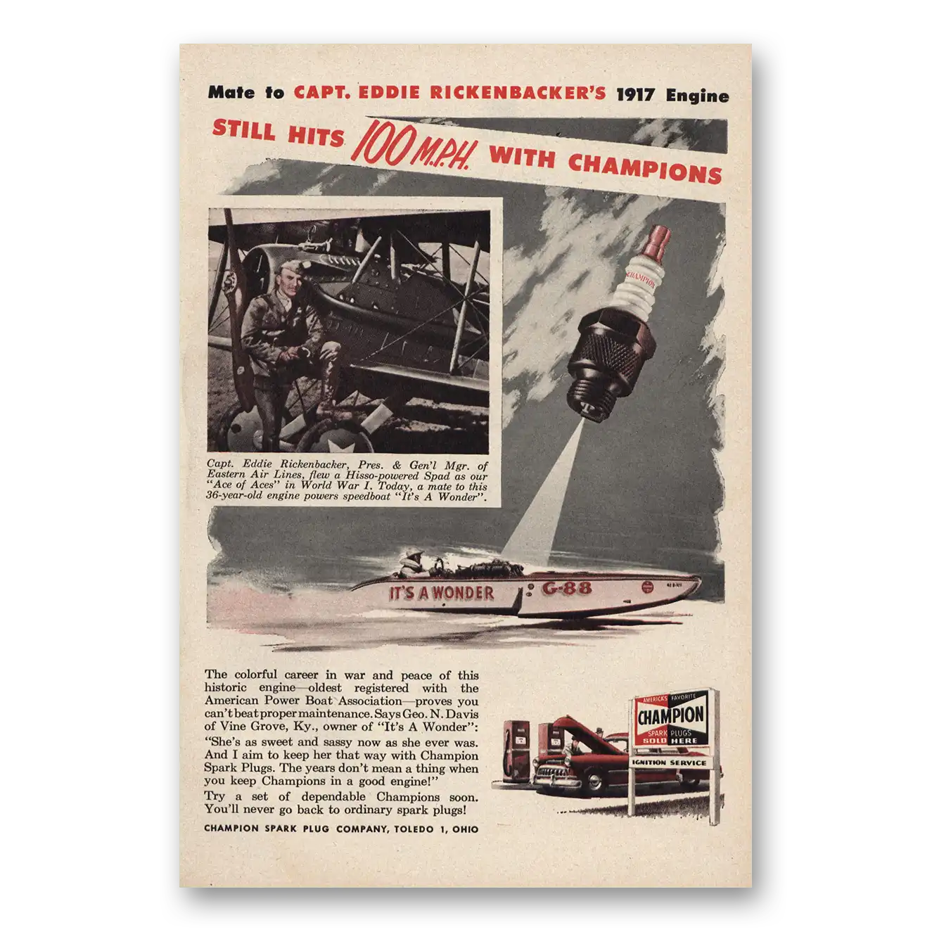 1953 Champion Spark Plugs Capt Eddie Rickenbacker Vintage Magazine Print Ad