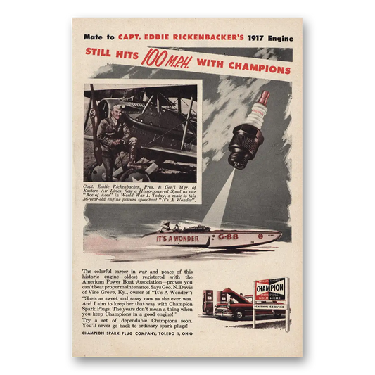 1953 Champion Spark Plugs Capt Eddie Rickenbacker Vintage Magazine Print Ad