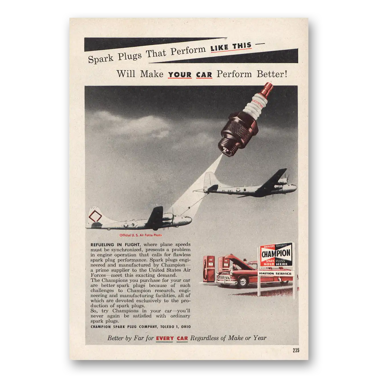 1953 Champion Spark Plugs Refueling In Flight Vintage Magazine Print Ad