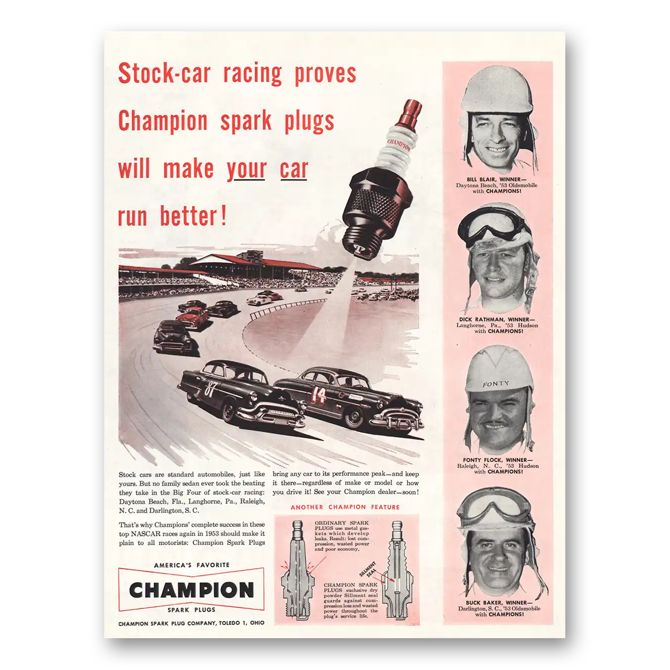 1953 Champion Spark Plugs Stock Car Racing Vintage Magazine Print Ad