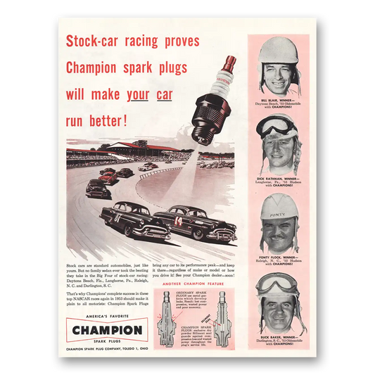 1953 Champion Spark Plugs Stock Car Racing Vintage Magazine Print Ad