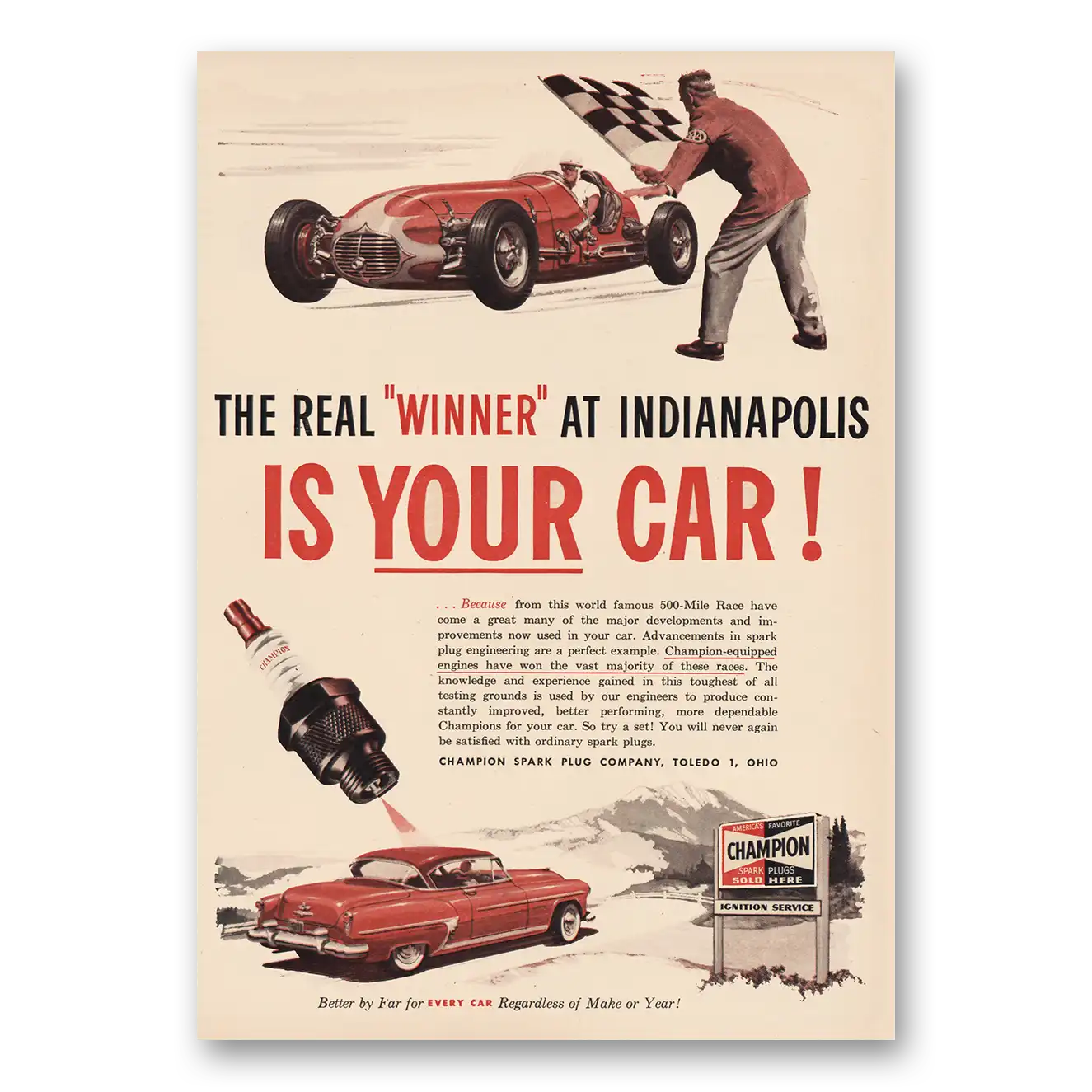 1953 Champion Spark Plugs Real Winner at Indinapolis Vintage Magazine Print Ad