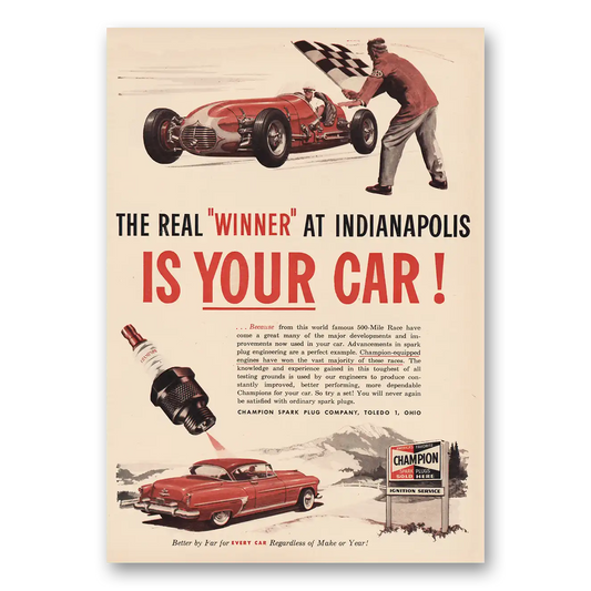 1953 Champion Spark Plugs Real Winner at Indinapolis Vintage Magazine Print Ad