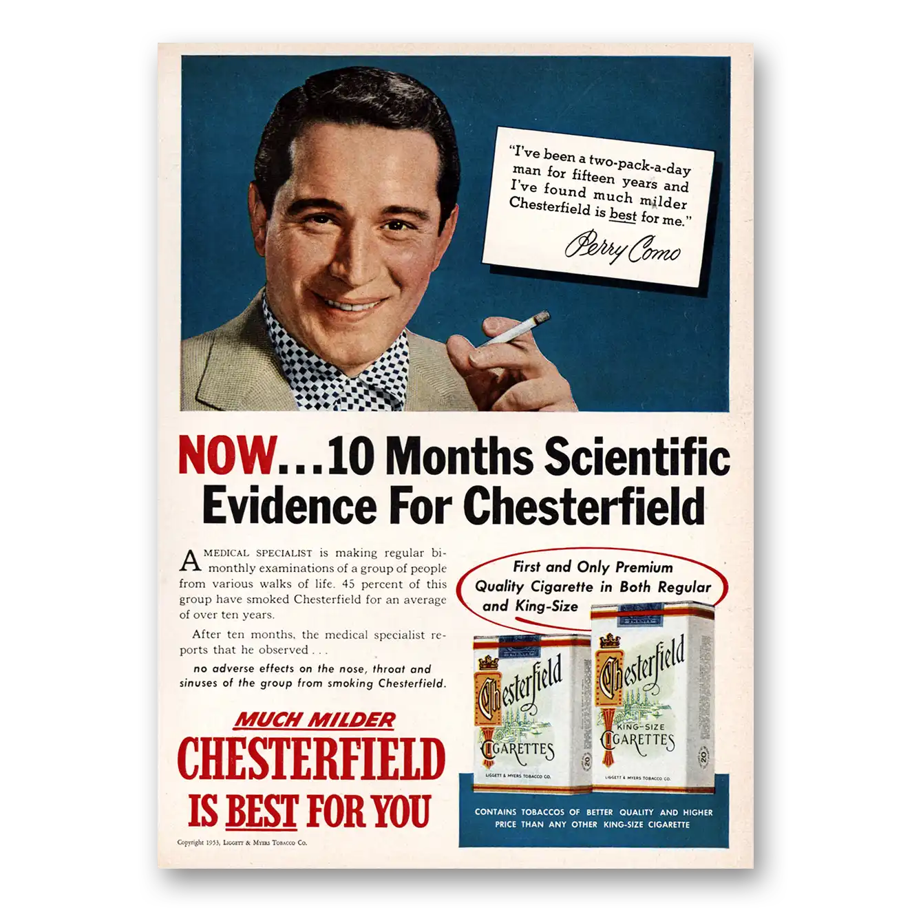 1953 Chesterfield Cigarettes Perry Como Vintage Magazine Print Ad