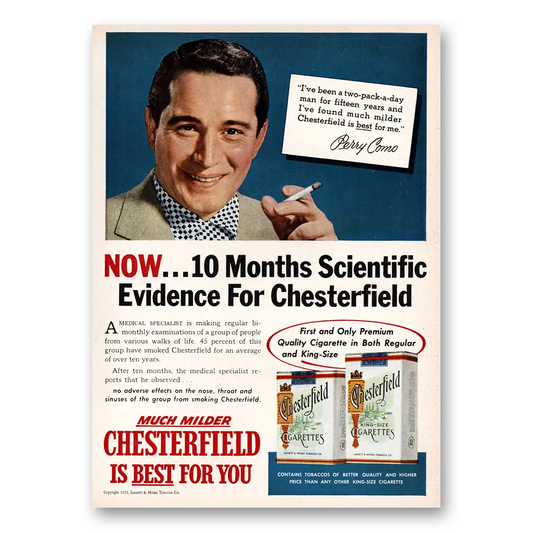 1953 Chesterfield Cigarettes Perry Como Vintage Magazine Print Ad