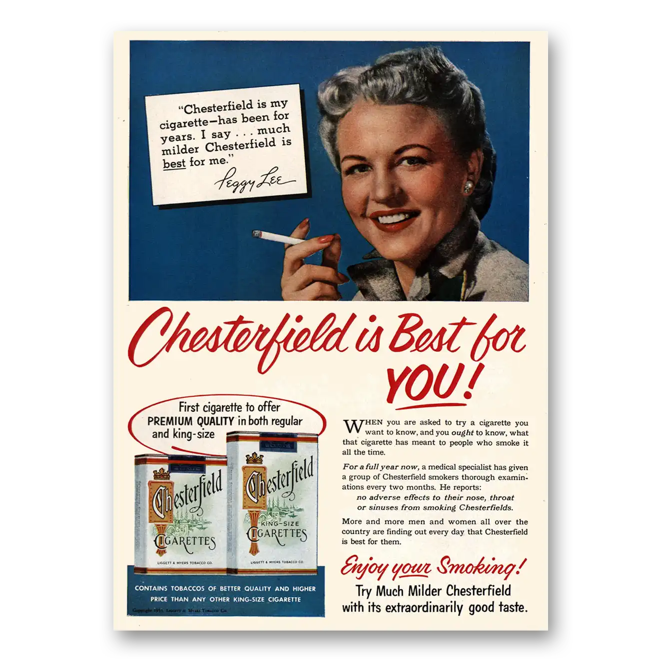 1953 Chesterfield Cigarettes Peggy Lee Vintage Magazine Print Ad