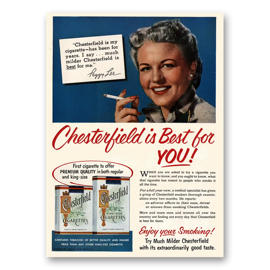 1953 Chesterfield Cigarettes Peggy Lee Vintage Magazine Print Ad