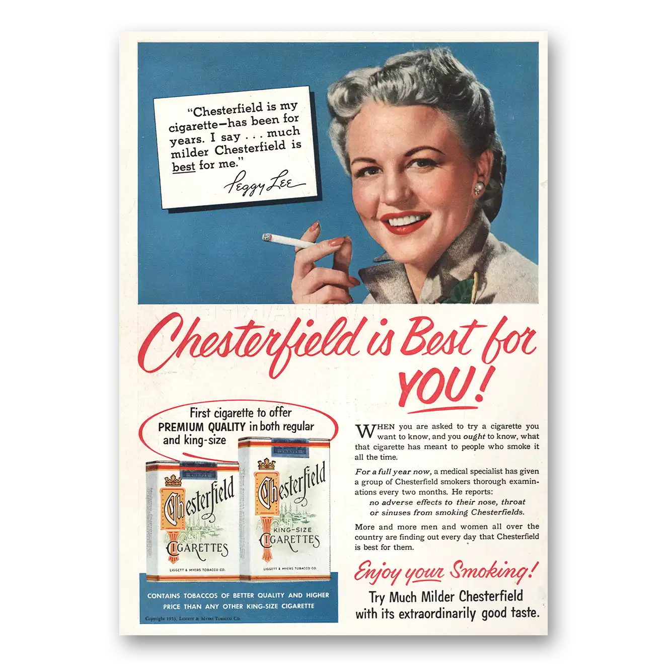 1953 Chesterfield Cigarettes Peggy Lee Vintage Magazine Print Ad