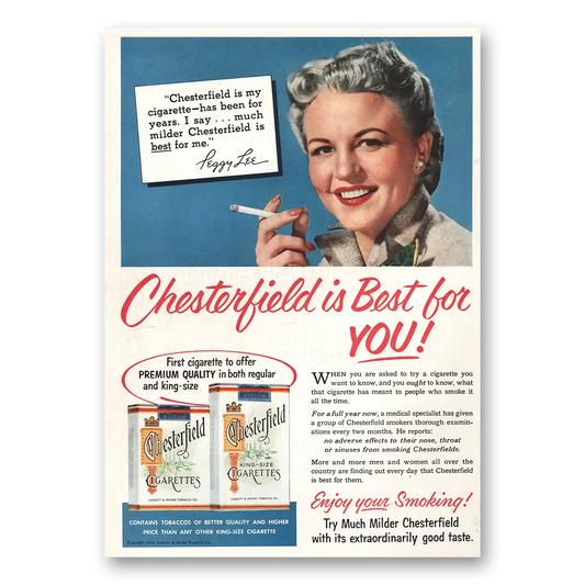 1953 Chesterfield Cigarettes Peggy Lee Vintage Magazine Print Ad