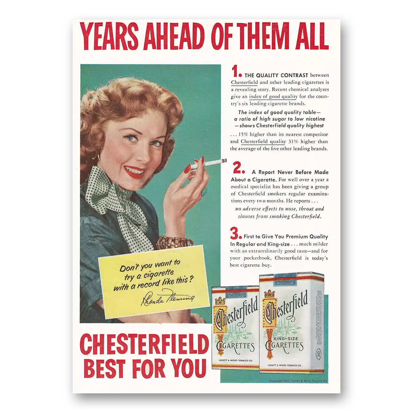 1953 Chesterfield Cigarettes Rhonda Fleming Vintage Magazine Print Ad