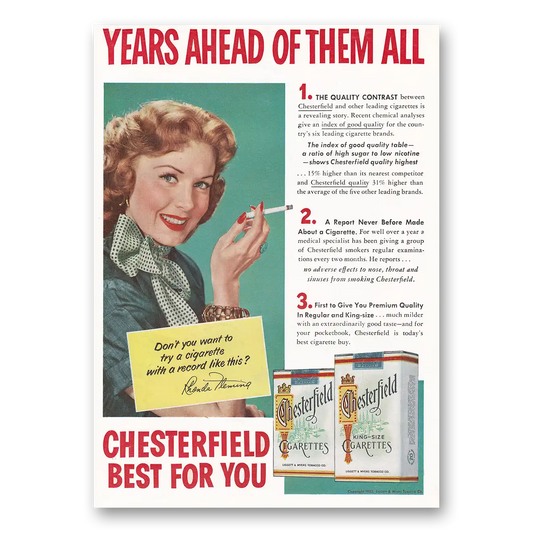 1953 Chesterfield Cigarettes Rhonda Fleming Vintage Magazine Print Ad