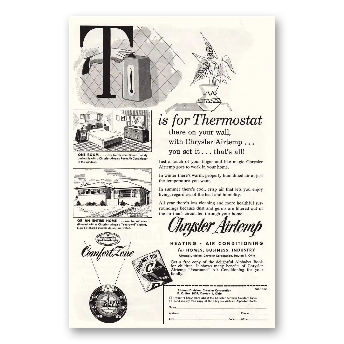 1953 Airtemp Air Conditioning T is for Thermostat Vintage Magazine Print Ad