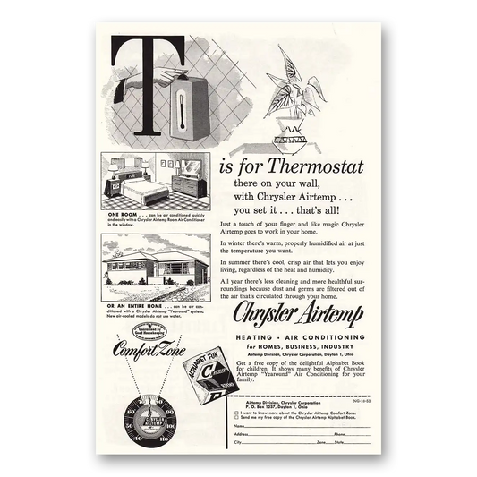 1953 Airtemp Air Conditioning T is for Thermostat Vintage Magazine Print Ad