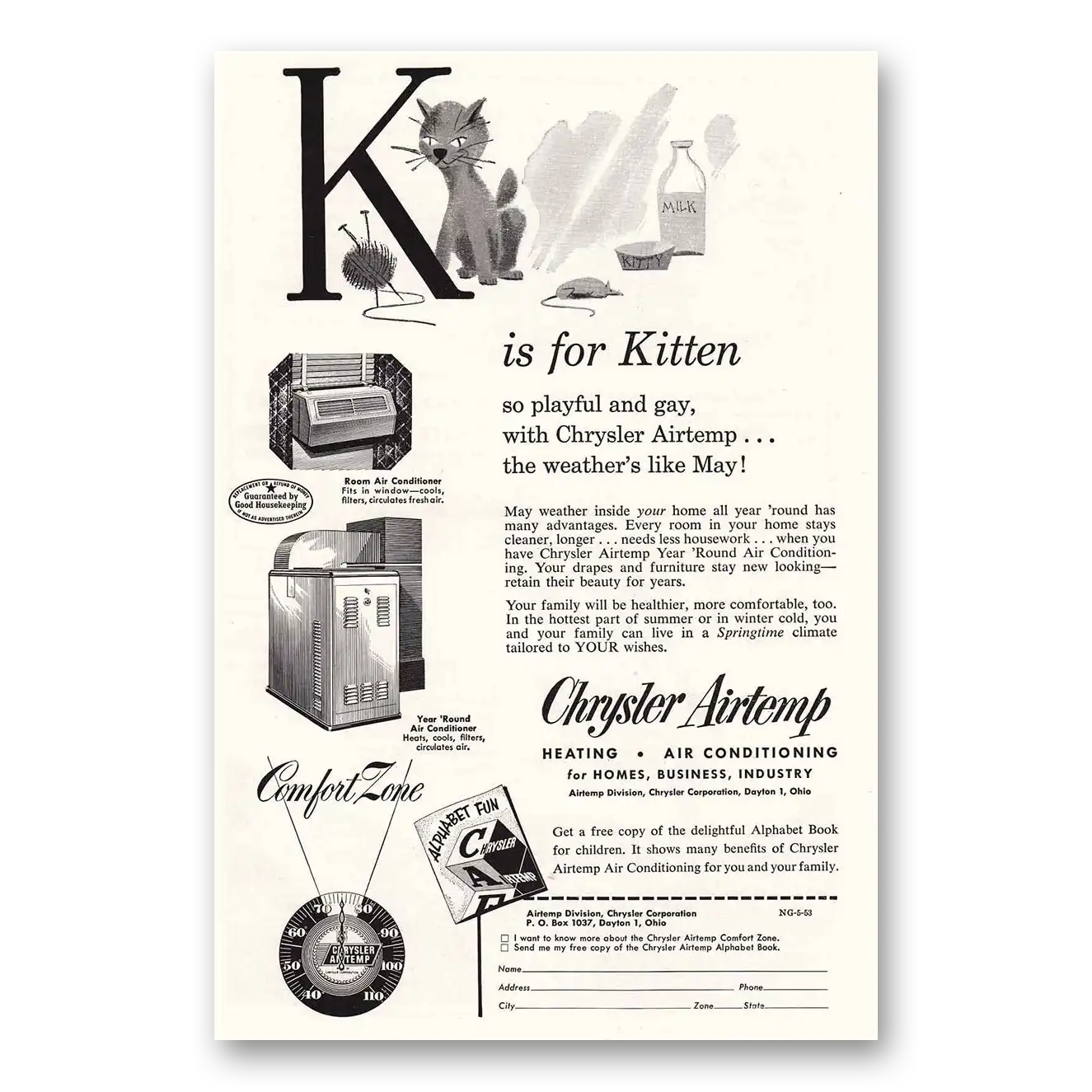 1953 Airtemp Air Conditioning K is for Kitten Vintage Magazine Print Ad