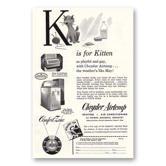 1953 Airtemp Air Conditioning K is for Kitten Vintage Magazine Print Ad