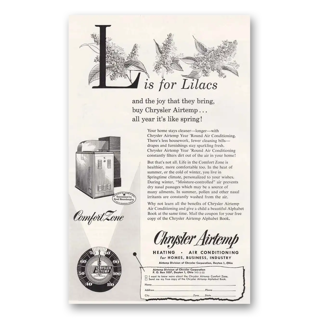 1953 Airtemp Air Conditioning L is for Lilacs Vintage Magazine Print Ad